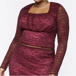 Forever 21 Women Burgundy Mesh Lace Long‎ Sleeve Ruched Top Size OX Cottagecore